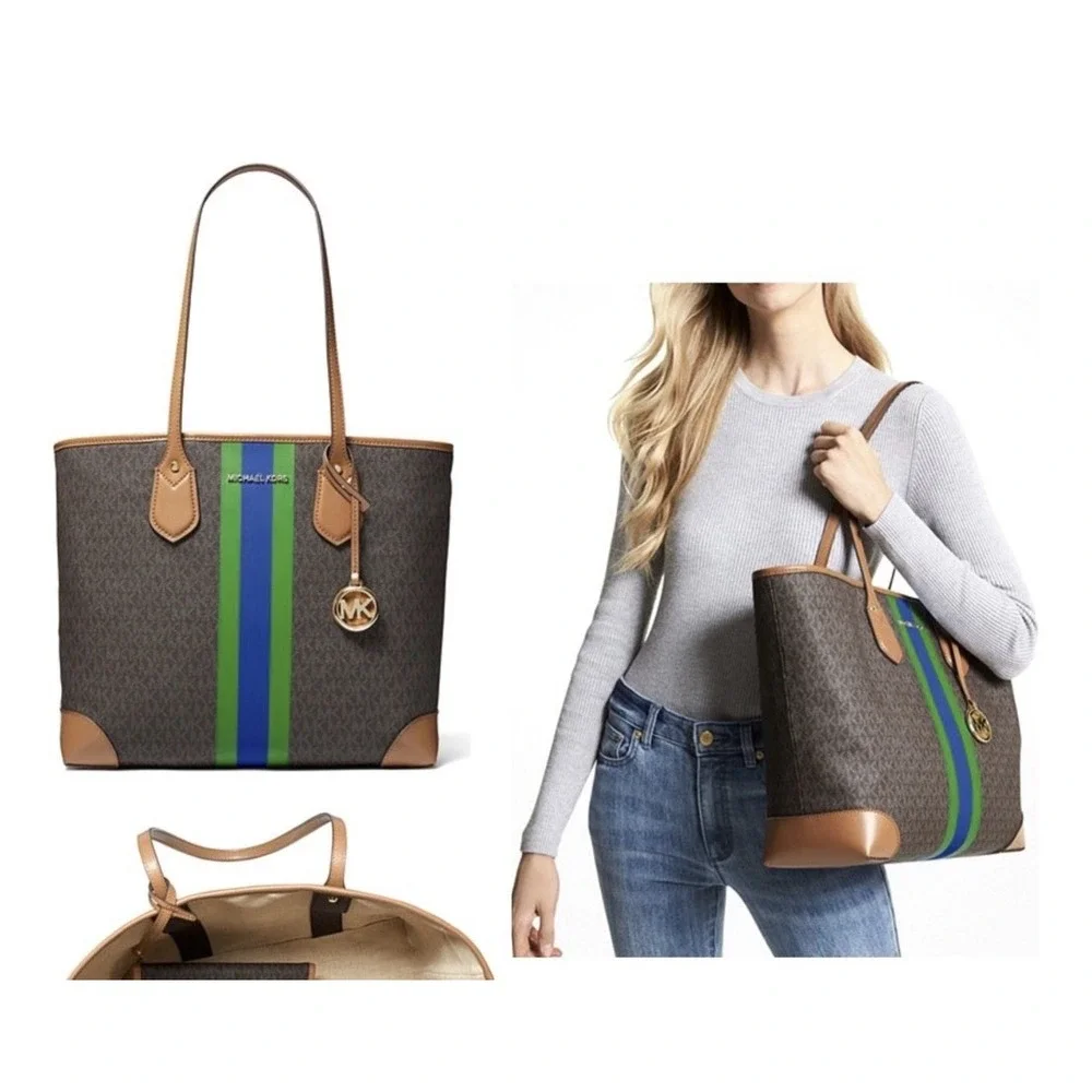 Michael Kors Eva Large Logo Stripe Tote  Multi Shoulder Bag And Wallet